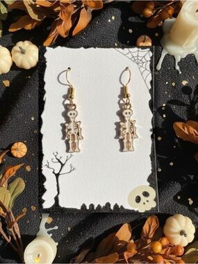 New Handmade Gold-Tone and White Skeleton Dangle Earrings